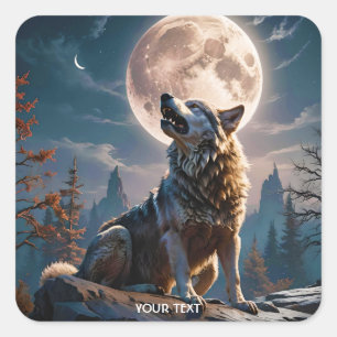 Fantasie Niedlicher Wolf heult auf den Mond Quadratischer Aufkleber