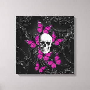 Fantasie-Schädel und heiße rosa Schmetterlinge Leinwanddruck