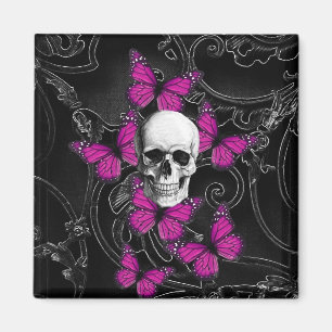 Fantasie-Schädel und heiße rosa Schmetterlinge Magnet