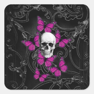 Fantasie-Schädel und heiße rosa Schmetterlinge Quadratischer Aufkleber