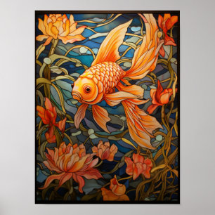 Fantasie-Schleierschwanz-Goldfisch-Buntglasfenster Poster