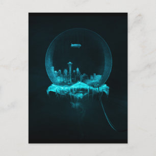 Fantasie-Stadt in einem Snowglobe mit einer Postkarte