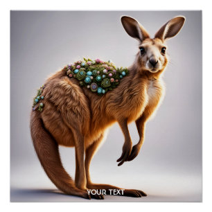 Fantasie Süß Lebendig Känguru-Porträt Blumen Poster