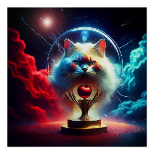 Fantasie Szene: Katze in einer Kugel mit Apfel Poster