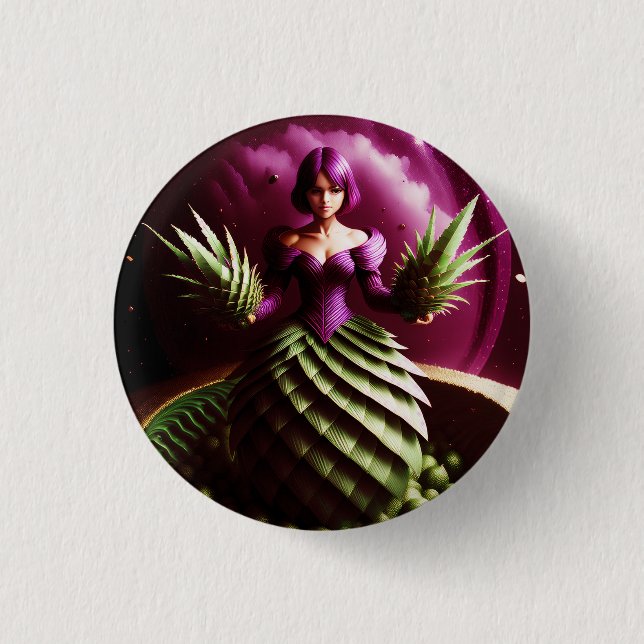 Fantasie Szene mit Ananas Mädchen Button (Vorderseite)