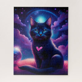 Fantasie-Szene schwarzes Kätzchen schöne blaue Aug Puzzle