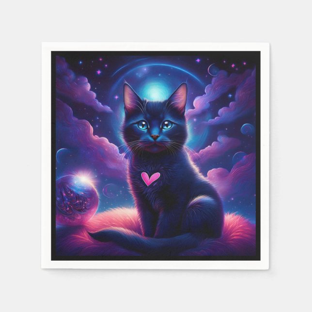 Fantasie Szene schwarzes Kätzchen schöne blaue Aug Serviette (Vorderseite)