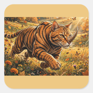 Fantasie-Tigerkatze – Goldenes Herbstabenteuer Quadratischer Aufkleber