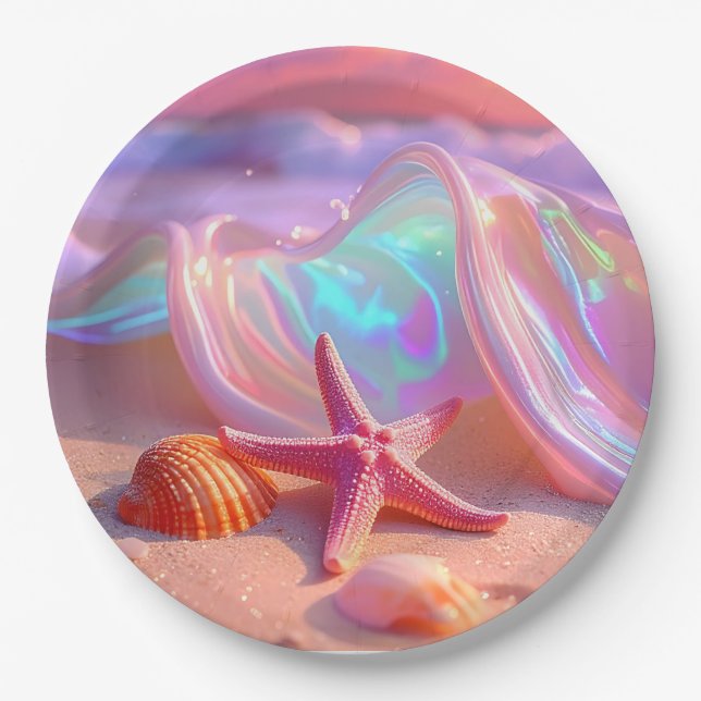 Fantasie-Traumstrand mit schöner rosa Seestern Pappteller (Vorderseite)