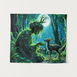 Fantasie-Waldgöttin und sanfte Hirsch-Kunst Wandteppich