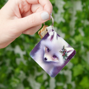 Fantasie Weißer Babyfuchs mit Lavendelaugen Schlüsselanhänger
