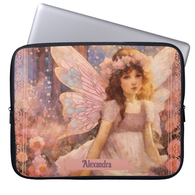 Fantasiefee im träumerischen rosa Blumenmeer Laptopschutzhülle (Vorderseite)