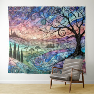 Fantasielandschaft mit Baum und farbenfrohem Sonne Wandteppich