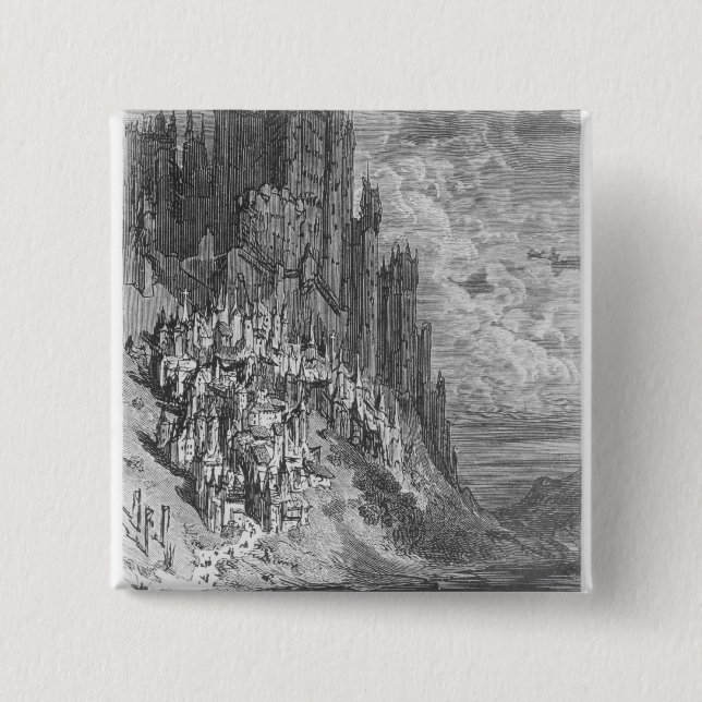 Fantasielandschaft mit Stadt und Schloss Button (Vorderseite)