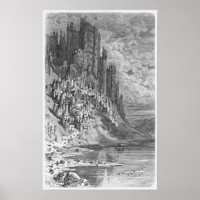Fantasielandschaft mit Stadt und Schloss Poster (Vorne)