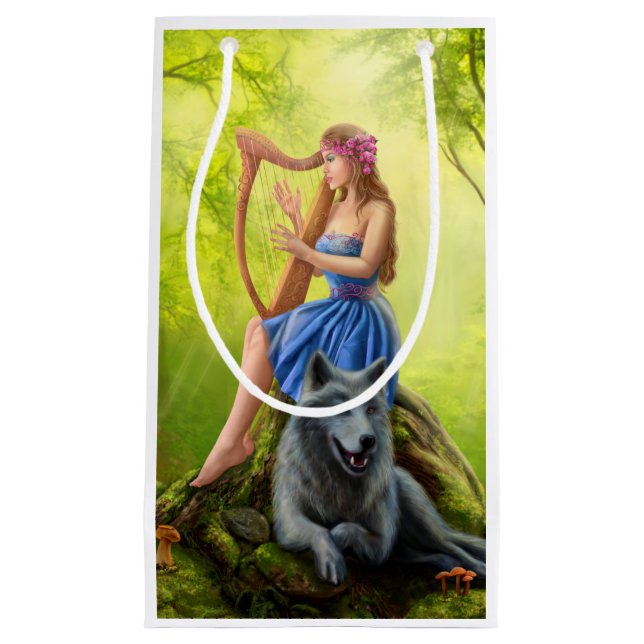 Fantasiemädchenfee- und -freundwolf. Spielt eine Kleine Geschenktüte (Vorderseite)