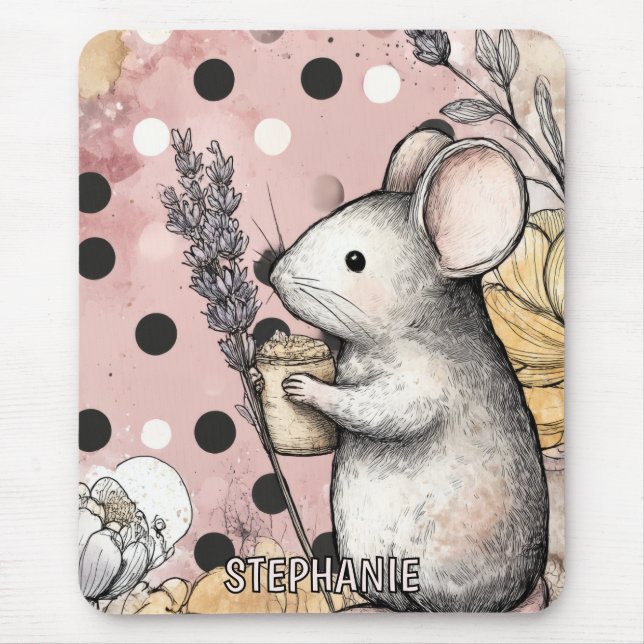 Fantasiemaus-Blumen-Aquarell-Kunst Mousepad (Vorne)