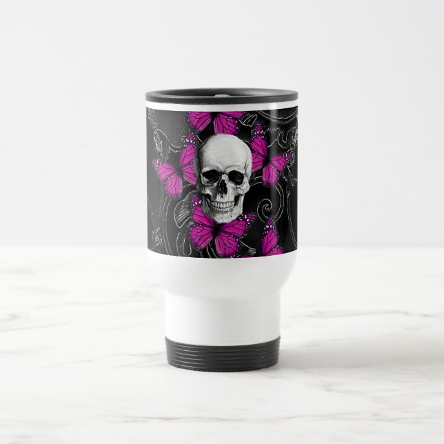 Fantasieschädel- und -Pinkschmetterlinge Reisebecher (Mittel)