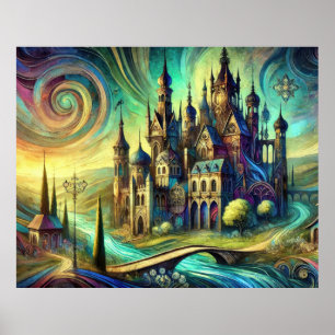 Fantasieschloss mit wirbelndem Himmel und fließend Poster