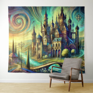 Fantasieschloss mit wirbelndem Himmel und fließend Wandteppich