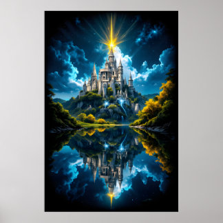 Fantasieschloss spiegelt sich im See mit magischer Poster