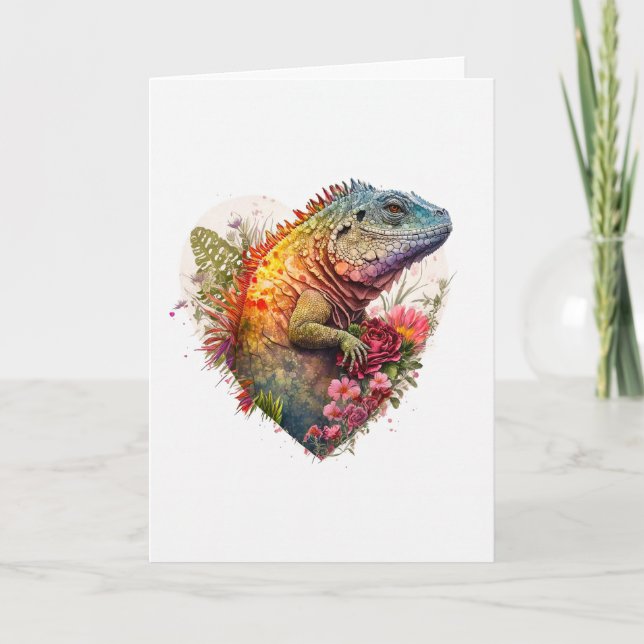 Fantasievoll Iguana mit Blume Valentinstag Feiertagskarte (Vorderseite)