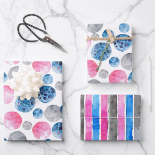 Fantasievoll Rosa Blau Grau Punkte Streifen Geburt Geschenkpapier Set