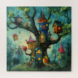 Fantasievolle Baumhäuser in einem großen Baum Puzzle