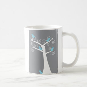 Fantasievolle Blaue Vögel auf Weißem Baum Grauer H Kaffeetasse