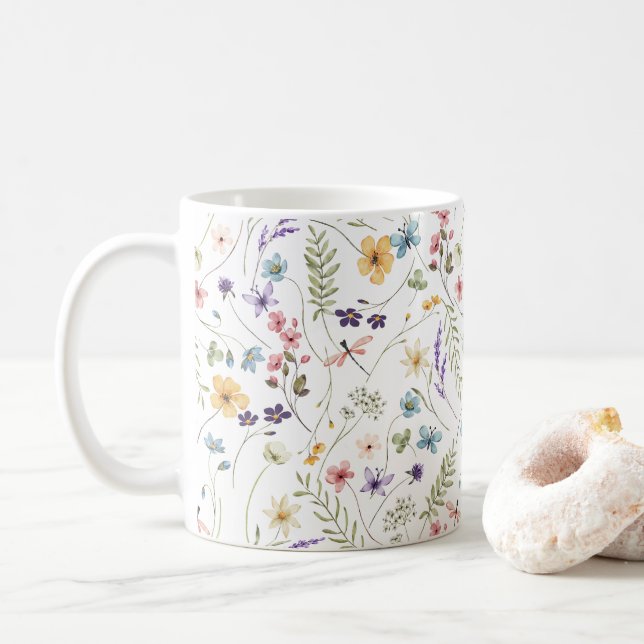 Fantasievolle bunte Wildblumen-Frühlingsmuster Kaffeetasse (Mit Donut)