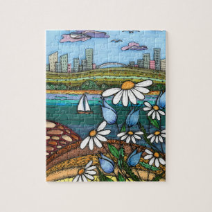 Fantasievolle Gänseblümchen und Stadt-Skyline-Puzz Puzzle