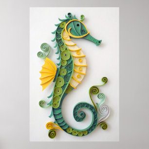 Fantasievolle grüne und gelbe Seepferd-Skulptur au Poster