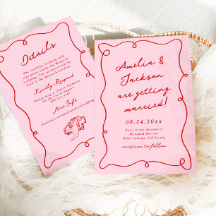 Fantasievolle handgezeichnete Hochzeit in Rosa und Einladung