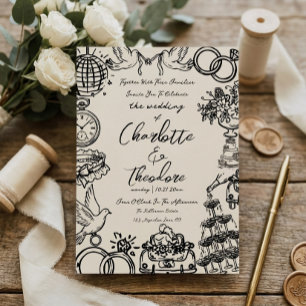 Fantasievolle handgezeichnete Hochzeitseinladung   Einladung