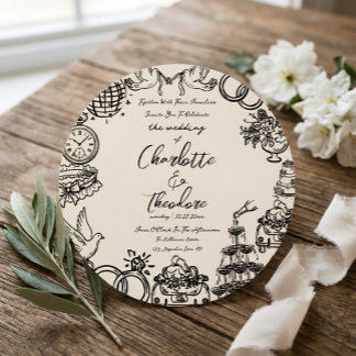 Fantasievolle handgezeichnete Hochzeitseinladung | Runder Aufkleber