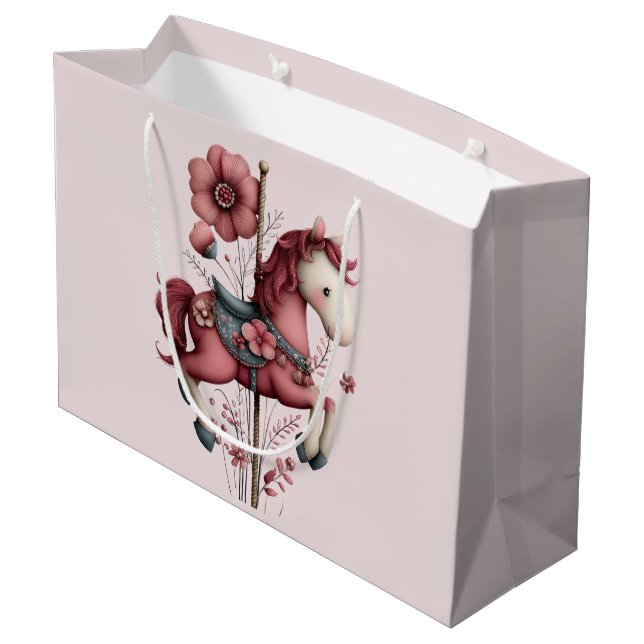 Fantasievolle Karussellpferd-Bild Große Geschenktüte (Rückseite Schrägansicht)