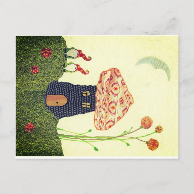 Fantasievolle Postkarte mit Pilzhaus, zwei Gnomen (Vorderseite)