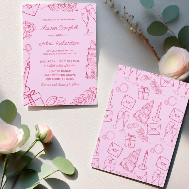 Fantasievolle rosa und rote handgezeichnete Hochze Einladung (Von Creator hochgeladen)
