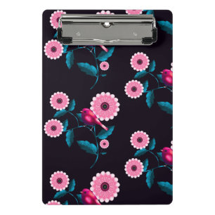 Fantasievolle rosa Vogel-Blumen-Botanik-Design Mini Klemmbrett