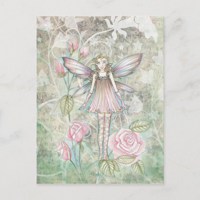 Fantasievolle Rosenfee Postkarte (Vorderseite)