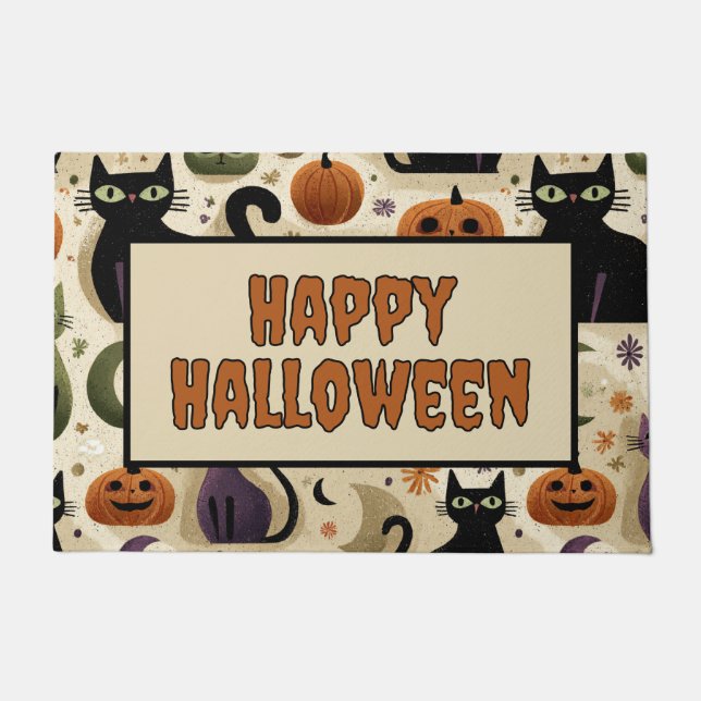 Fantasievolle schwarze Katzen und Halloween-Kürbis Fußmatte (Vorderseite)