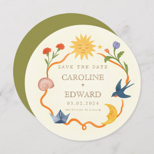 Fantasievolle Sonne und Mond Runde Save-the-Date-K Einladung