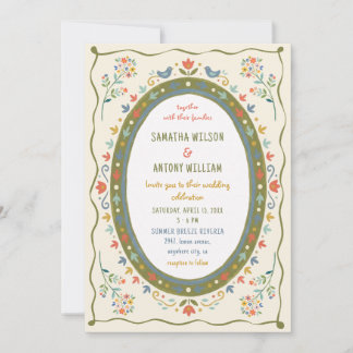 Fantasievolle Volkskunst-Blumen-Vögel-Hochzeitsein Einladung