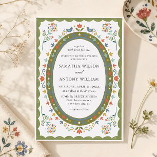 Fantasievolle Volkskunst Blumen Vögel Hochzeitsein Einladung