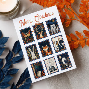 Fantasievolle Waldtier-Stempel Frohe Weihnachten Postkarte