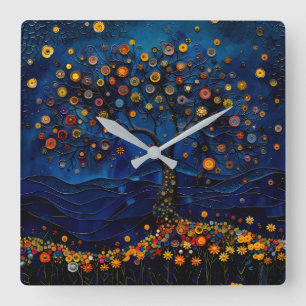 Fantasievoller Baum-des-Lebens-Wanduhr für den Nac Quadratische Wanduhr