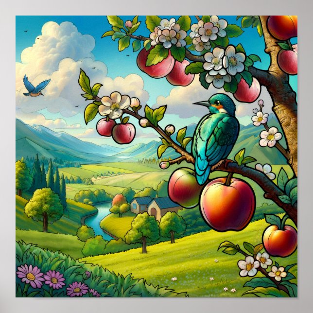 Fantasievoller Eisvogel auf Apfelbaum Farbige Poster (Vorne)
