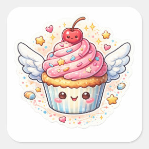 Fantasievoller geflügelter Cupcake – Süßes Design. Quadratischer Aufkleber