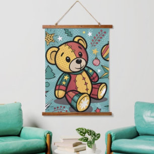 Fantasievoller Patchwork-Weihnachts-Teddybär Wandteppich Mit Holzrahmen