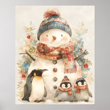 fantasievoller Schneemann-Pinguine-Aquarell-Winter